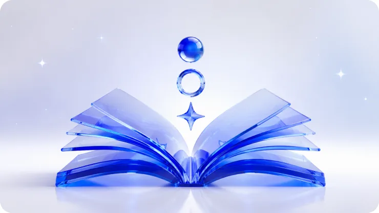 An open glass book with a glowing sphere, ring and sparkle rising above its pages, representing a glossary.