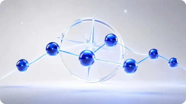 A network of connected glass spheres framed by a compass-like ring, representing a discovery map.