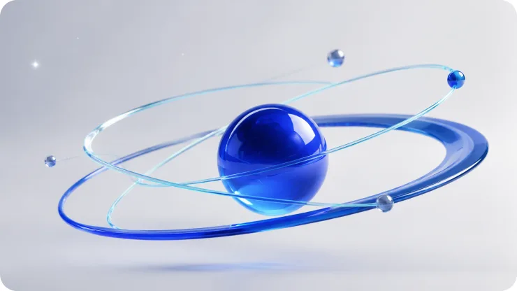 A glossy blue sphere orbited by rings and small satellites, like an atom or a share-of-voice model.