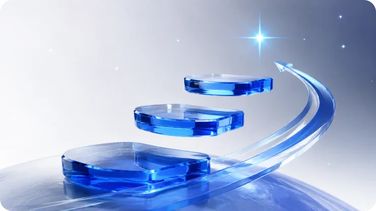 Three floating glass platforms leading up to a rising arrow and a bright star, representing next steps.