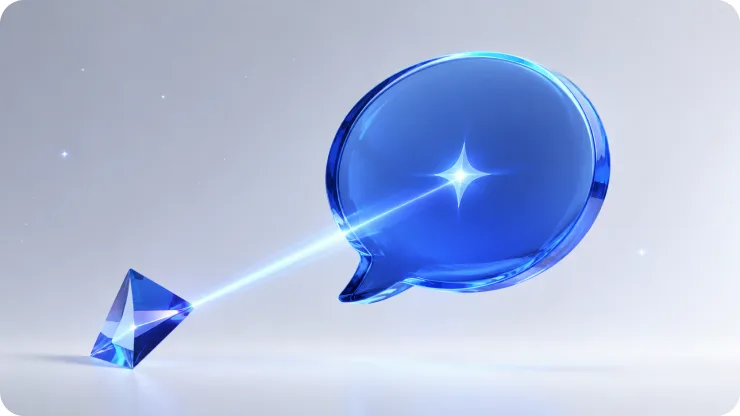 A glass speech bubble lit by a beam of light coming from a small prism, representing an AI answer.