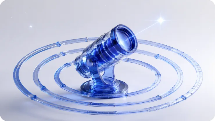A glass telescope pointed at a bright star, surrounded by concentric measurement rings.